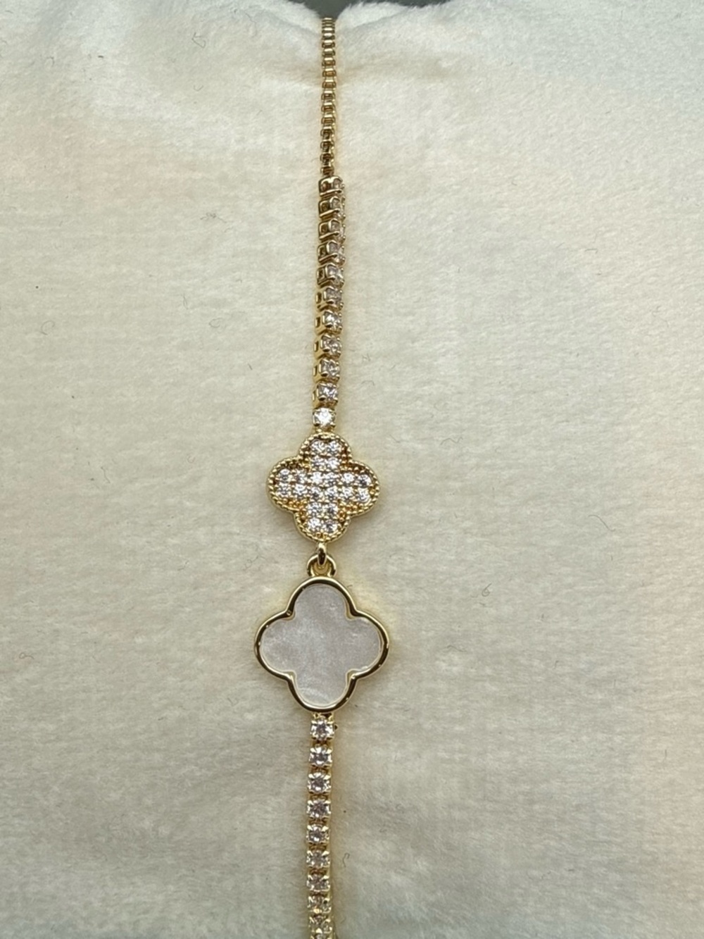 Gold-Tone brass andClover Drop Bracelet with Crystal and Mother-of-Pearl adj